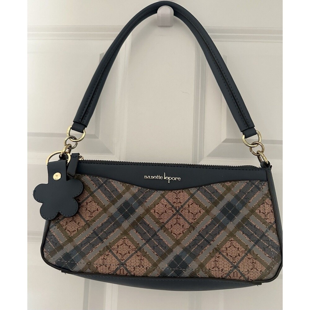 Nanette Lepore Vegan Leather Blue Plaid Logo Handbag with AirTag Keyring